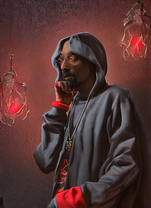 Image similar to snoop dogg is an evil wizard, dark, red, black, mist, hyper detailed, digital art, trending in artstation, cinematic lighting, studio quality, smooth render, unreal engine 5 rendered, octane rendered, art style by klimt and nixeu and ian sprigger and wlop and krenz cushart.