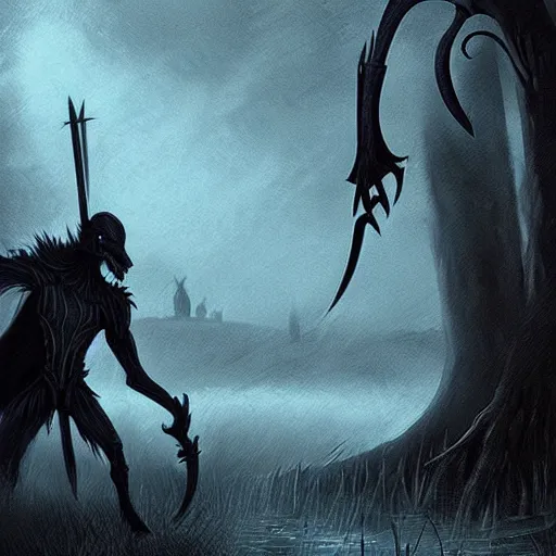 Image similar to fantasy art sillohuette character with scythe standing in for ground, menacing werewolf in background, intense, stunning, unsettling ( dark colors ) ( mist )