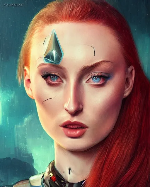 Image similar to Sophie Turner as a cyborg mecha queen, face portrait by Ross Tran and Angel Ganev and Salvador Dali, highly detailed, trending on artstationhq