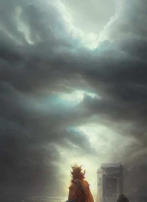 Prompt: watching the storm, photorealistic by michael komarck, greg rutkowski, victo ngai, artgerm, willem claesz heda and j. dickenson