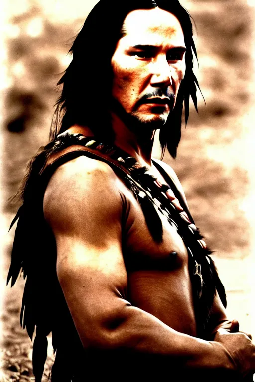 Image similar to Photo of Native American indian man Keanu Reeves, portrait, skilled warrior of the Apache, ancient, realistic, detailed, Keanu Reeves