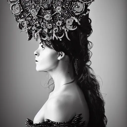 Image similar to a portrait of female model by stefan geselle and nekro borja, photorealistic, intricate details, hyper realistic, ornate headpiece, dark beauty, photorealistic, canon r 3, photography, wide shot, photography, dark beauty, symmetrical features