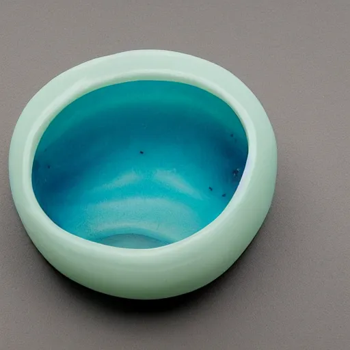 Prompt: a fused glass bowl, turquoise and warm white