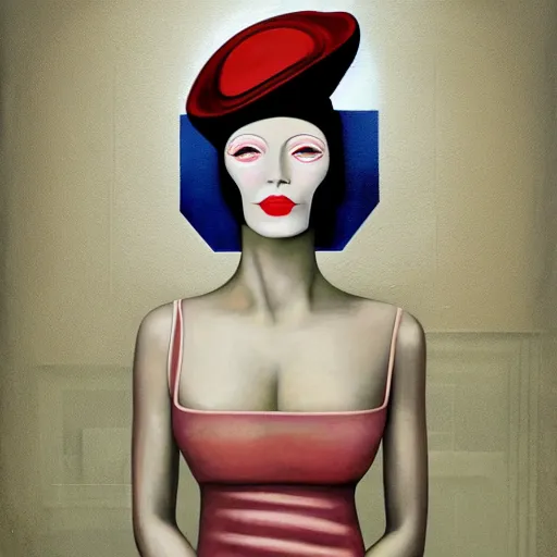 Image similar to a painting of a woman with a hat on her head, an art deco painting by nick gentry, featured on behance, precisionism, art deco, detailed painting, airbrush art