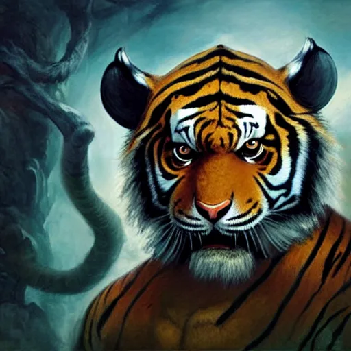 Image similar to head and shoulders portrait of a tiger - headed rakshasa, d & d, fantasy, greg rutkowski, frank frazetta, alexandre chaudret, boris vallejo, michael whelan, miro petrov, hr giger, magali villeneuve, donato giancola