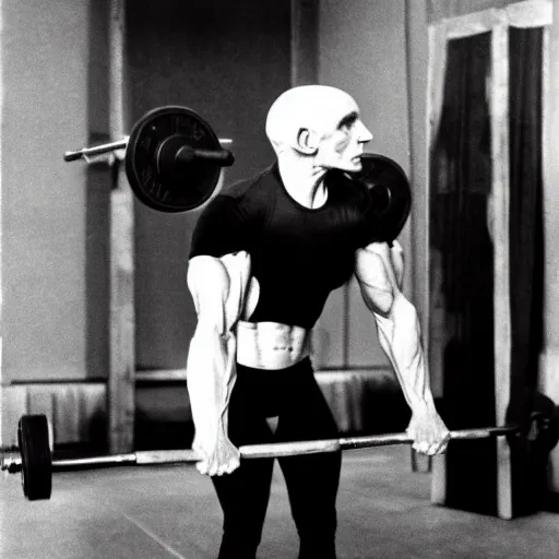 Image similar to portrait of nosferatu doing weightlifting, sport photography