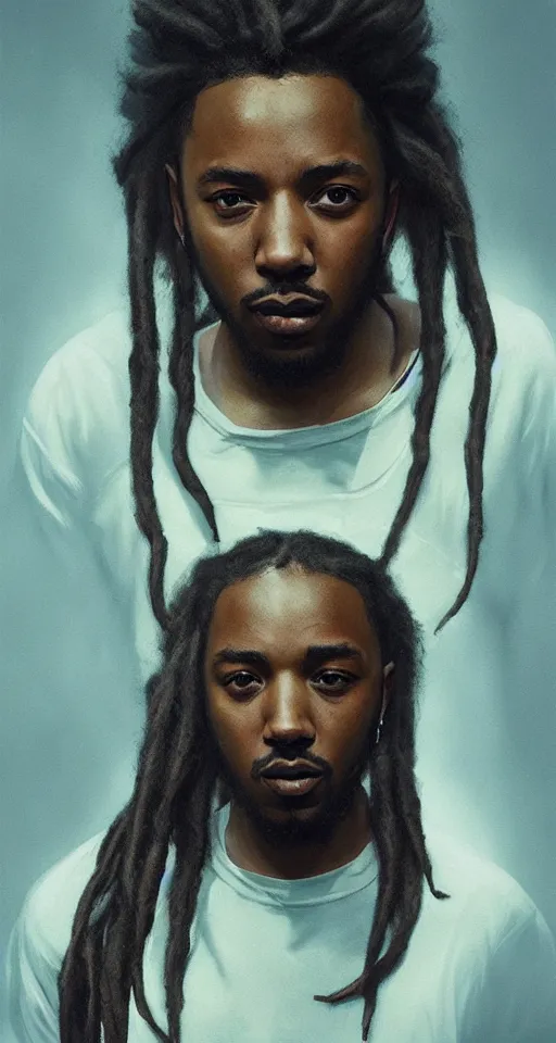 Image similar to portrait of kendrick lamar with dreads, staring directly into camera, intricate, elegant, glowing lights, highly detailed, digital painting, artstation, sharp focus, illustration, art by wlop, mars ravelo and greg rutkowski