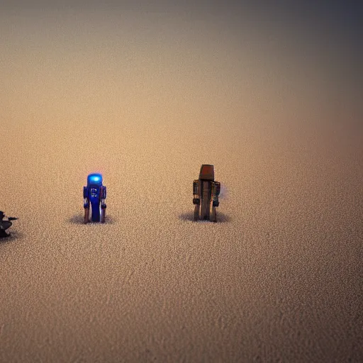 Prompt: painting of sand landscape with ancient robots buried in the desert, oasis, 4 k. cinematic. epic. octane render.