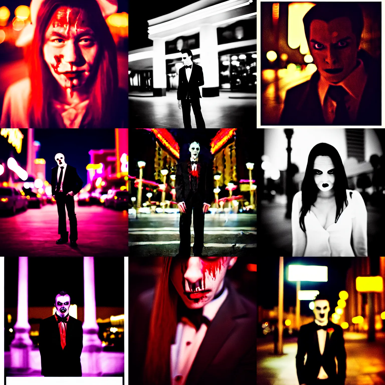 Image similar to portrait of a vampire in Las Vegas at night, blood, 35mm f1.8, color, behance, trending on instagram