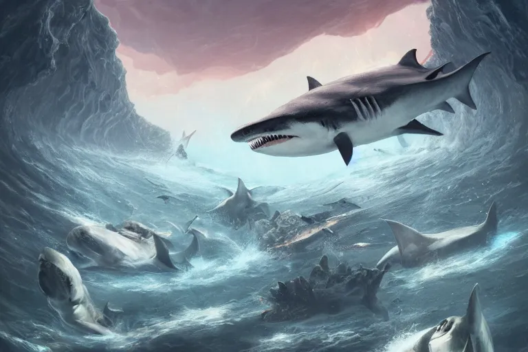 Prompt: a hyper detailed tarot card of a shiver of freaking sharks with freaking laser beams on their heads, floating just above a volcanic crevasse at the bottom of the ocean,, concept art, 8 k, artstation, art by greg rutkowski, pixiv