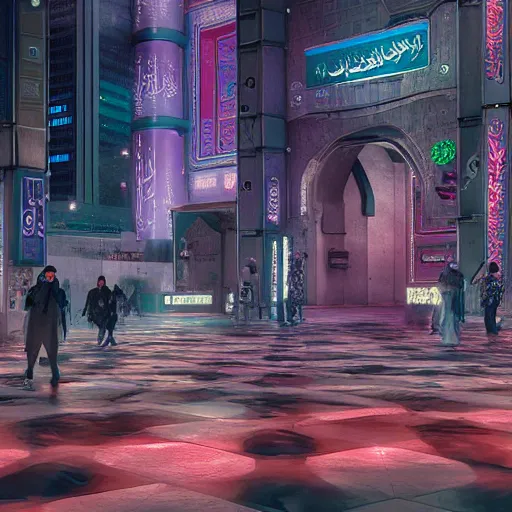 Image similar to Photorealistic cyberpunk mosque in crowded Tokyo. Hyperdetailed photorealism, UHD, amazing depth, glowing rich colors, powerful imagery, 3D octane cycle finalrender, 3d shading, cinematic lighting, artstation concept art