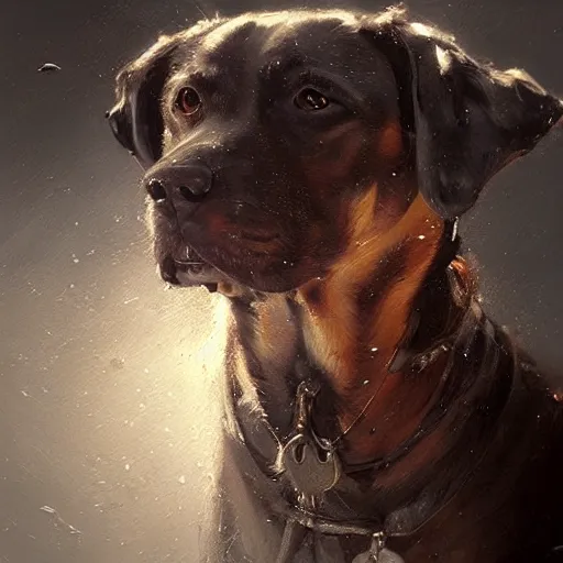 Image similar to a painting of a dog, greg rutkowski, cinematic lighting, hyper realistic painting
