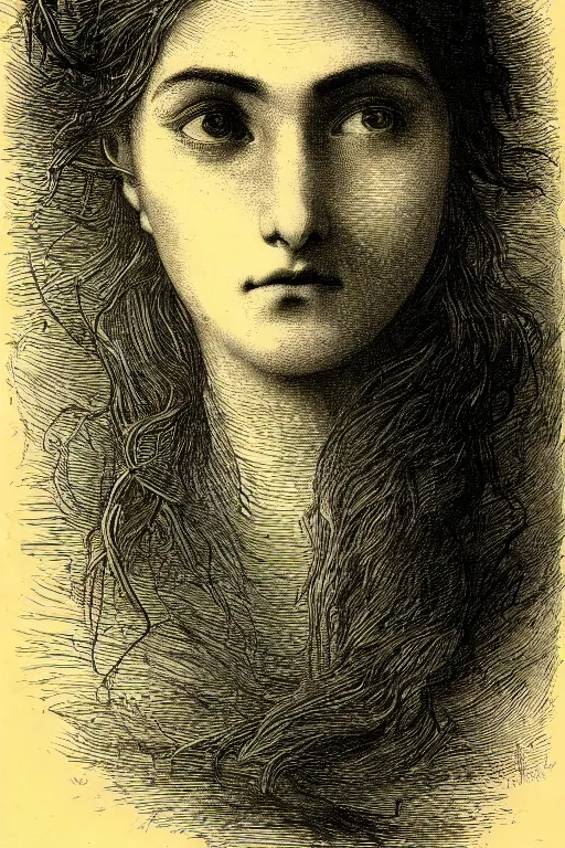 Image similar to extreme close-up portrait of a woman, face covered by hair, forest background, Gustave Dore lithography