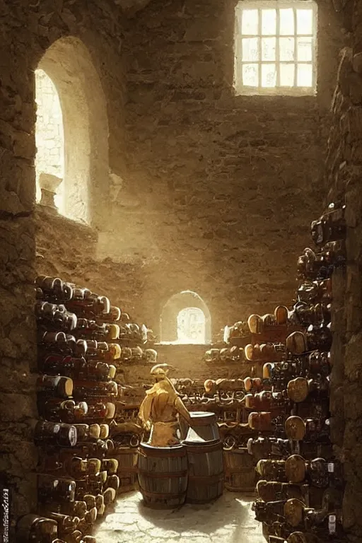 Image similar to an old small medieval tavern stockroom with rows of barrels and wine racks, a single small rectangular window allows sun into the room, by greg rutkowski, artgerm, craig mullins, alan lee