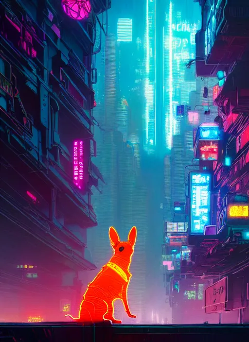 Image similar to masterpiece concept art, neon corgi in a cyberpunk world by greg rutkowski and geof darrow, 8 k, intricate detail, cinematic lighting