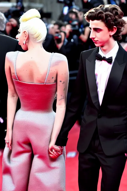 Image similar to timothee chalamet and lady gaga holding hands on the red carpet, beautiful detailed faces, canon eos