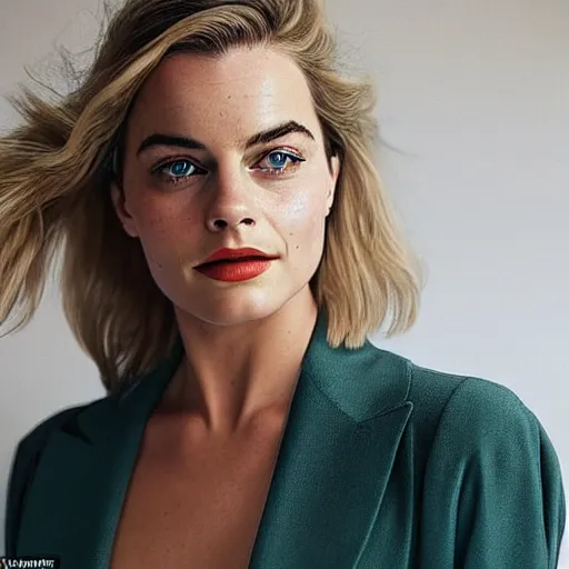 Image similar to a woman who is a genetic combination of margot robbie and emma watson face and upper - body focus