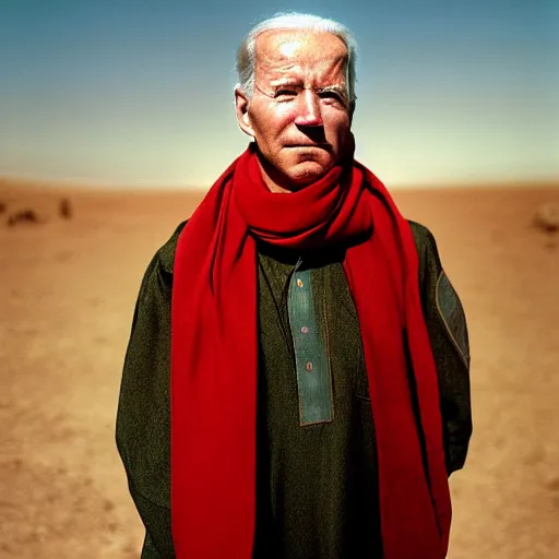 Image similar to portrait of president joe biden as afghan man, green eyes and red scarf looking intently, photograph by steve mccurry