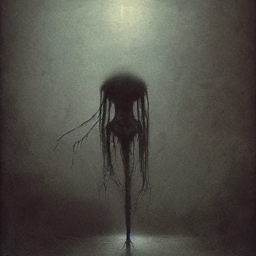 Image similar to dark atmosphere foggy landscape with a strange monster legs like a spider in The back dramatic lighting horror Beksinski