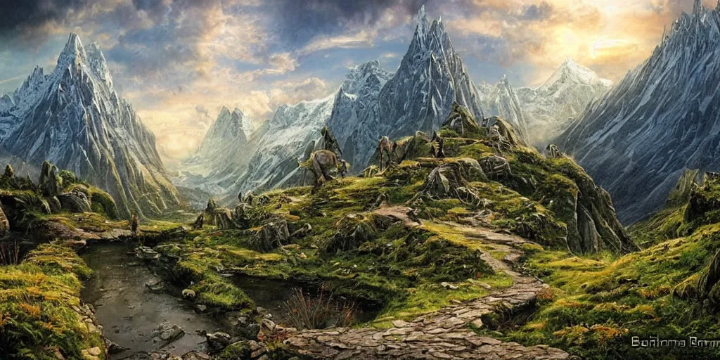 Image similar to a beautiful middle earth landscape by barbara remington