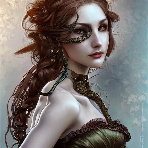 Image similar to a photograpic portrait of a pretty woman, steampunk, fantasy, intricate, elegant, highly detailed, digital painting, artstation, concept art, smooth, sharp focus, illustration, art by artgerm and H R Giger and alphonse mucha