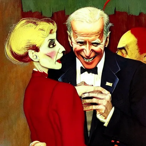 Image similar to joe biden dressed as nosferatu is terrified upon meeting the attractive wife of the world's most horrible man, painted by norman rockwell and tom lovell and frank schoonover