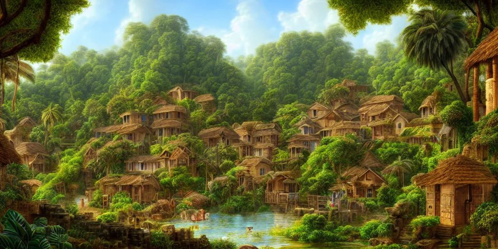 Prompt: village in a tropical eastern waterfall valley, with great birds, lush wildlife, rich geometry, ancient ruins, precise and incredibly highly detailed intricate 8 k wallpaper, john stephens, intricate stunning award winning masterpiece trending on artstation
