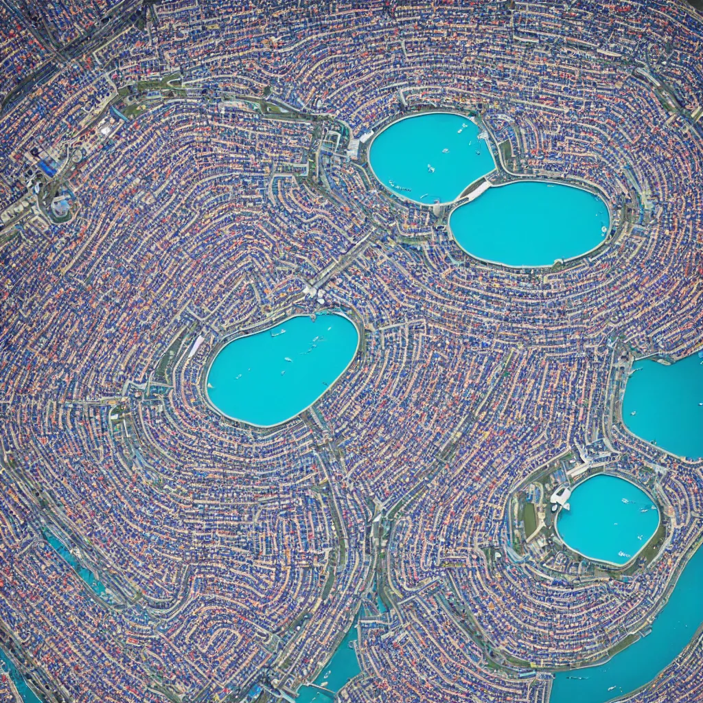 Image similar to F1 racetrack over pools of bright blue water, birds eye view