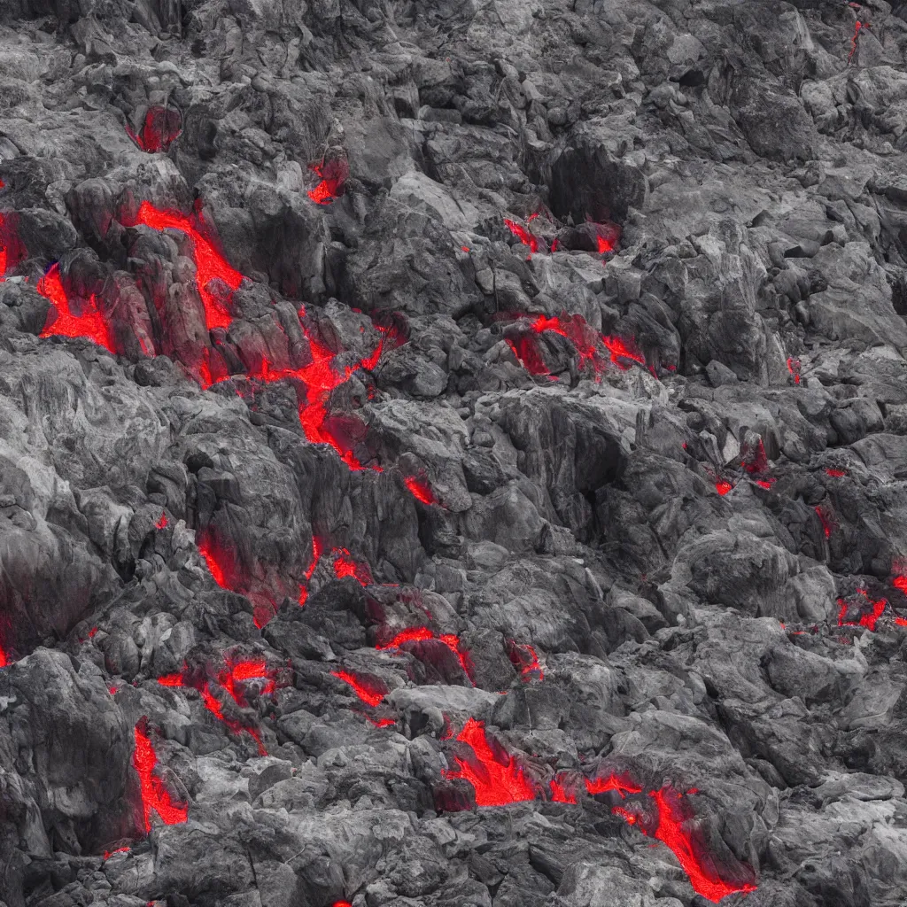 Image similar to satanic mountain goats with glowing red eyes on a sheer obsidian cliffside with lavaflow, lava waterfalls, photorealistic landscape render, octane render, vray, beautiful, ambient occlusion, particle effects, light bloom, rtx