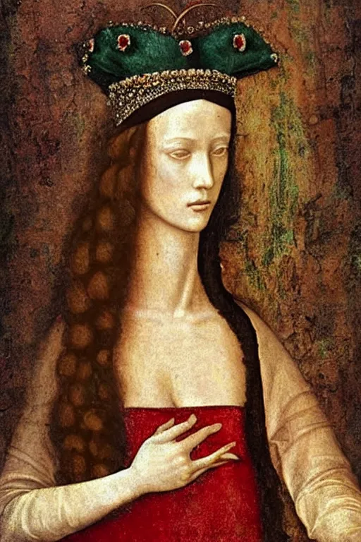 Image similar to a fresco of a renaissance Portrait of slim shapely pale young queen jezebel wearing gilded red robes, long black hair, green eyes, painted by Leonardo da Vinci