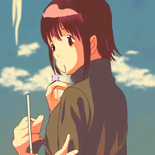 Prompt: anime girl in dimly light golden gai smoking a cigarette during sunset, studio ghibli, 8 0 s anime, in the style of kimagure orange road, nostalgic, artstation, 8 k