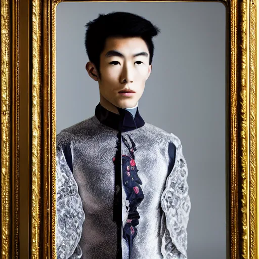 Image similar to a portrait of a beautiful young japanese male wearing alexander mcqueen couture , photographed by andrew thomas huang, artistic