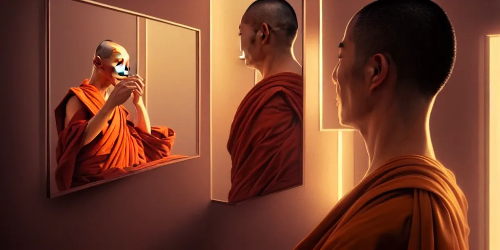 Image similar to Ultra realistic illustration, buddhist monk looking at himself in the mirror, cyberpunk, sci-fi, fantasy, intricate, elegant, highly detailed, digital painting, artstation, concept art, smooth, sharp focus, illustration art in the style of artgerm, by greg rutkowski, by moebius, rendered in octane render,