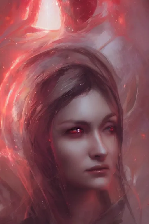 Image similar to face closeup beautiful girl necromancer casting magic spell, angel, 3 d render, hyper realistic detailed portrait, magic storm, thunder, red eyes, elves, ruan jia, wlop. scifi, fantasy, magic the gathering, hyper detailed, octane render, concept art, peter mohrbacher