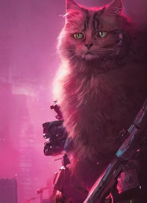 Prompt: a portrait of a futuristic cyberpunk british longhair cat soldier in war scene, epic scene, epic lighting, pink vibe, by greg rutkowski