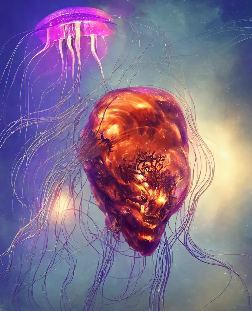 Image similar to close-up portrait of the face of a beautiful princess in a twisted flowers jellyfish mask in a spaceman suit surrounded by energy flow, epic angle and pose, symmetrical artwork, 3d with depth of field, blurred background, floating jellyfish skull phoenix bird, translucent, nautilus, energy flows of water and fire. a highly detailed epic cinematic concept art CG render. made in Maya, Blender and Photoshop, octane render, excellent composition, cinematic dystopian brutalist atmosphere, dynamic dramatic cinematic lighting, aesthetic, very inspirational, arthouse. y Greg Rutkowski, Ilya Kuvshinov, WLOP, Stanley Artgerm Lau, Ruan Jia and Fenghua Zhong