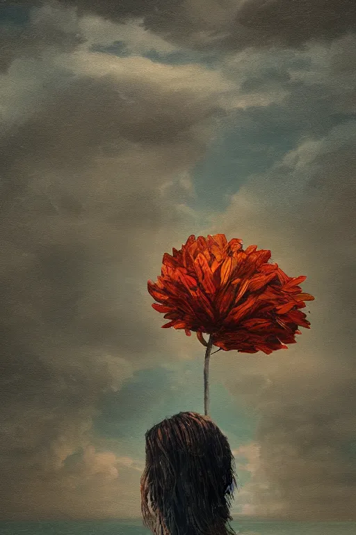 Prompt: closeup, giant flower head, a girl on beach, surreal photography, wind and cold, dramatic sky, impressionist painting, digital painting, artstation, simon stalenhag