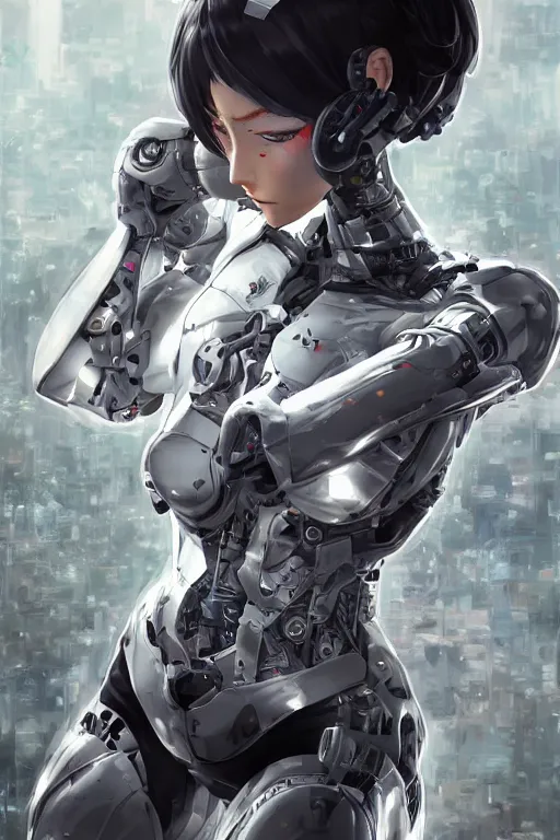 Image similar to cyborg in action, 3d, third person, sci-fi fantasy, intricate, elegant, highly detailed, lifelike, photorealistic, digital painting, artstation, illustration, concept art, sharp focus, art in the style of Shigenori Soejima