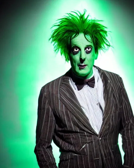 Image similar to Will Arnett as Beetlejuice, green hair, cinematic lighting, 4k photograph