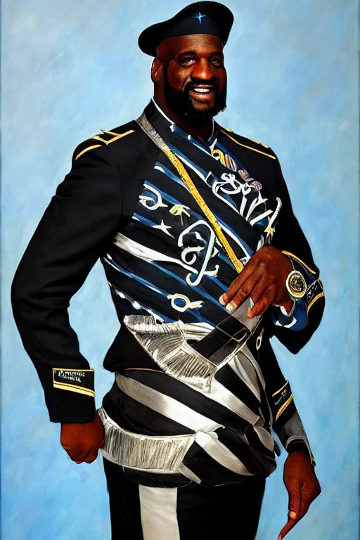 Image similar to full body portrait of shaquille o'neil as the dictator of the orlando magic, 1 8 8 9, in full military garb, magic blue, silver, and black, oil on canvas by william sidney mount, trending on artstation