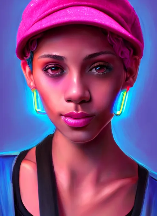 Image similar to portrait of teenage vanessa morgan with bright pink hair, black girl, curly pixie cut hair, wearing newsboy cap, pink short haircut, newsboy cap, hoop earrings, blue eyes, intricate, elegant, glowing lights, highly detailed, digital painting, artstation, concept art, smooth, sharp focus, illustration, art by wlop, mars ravelo and greg rutkowski