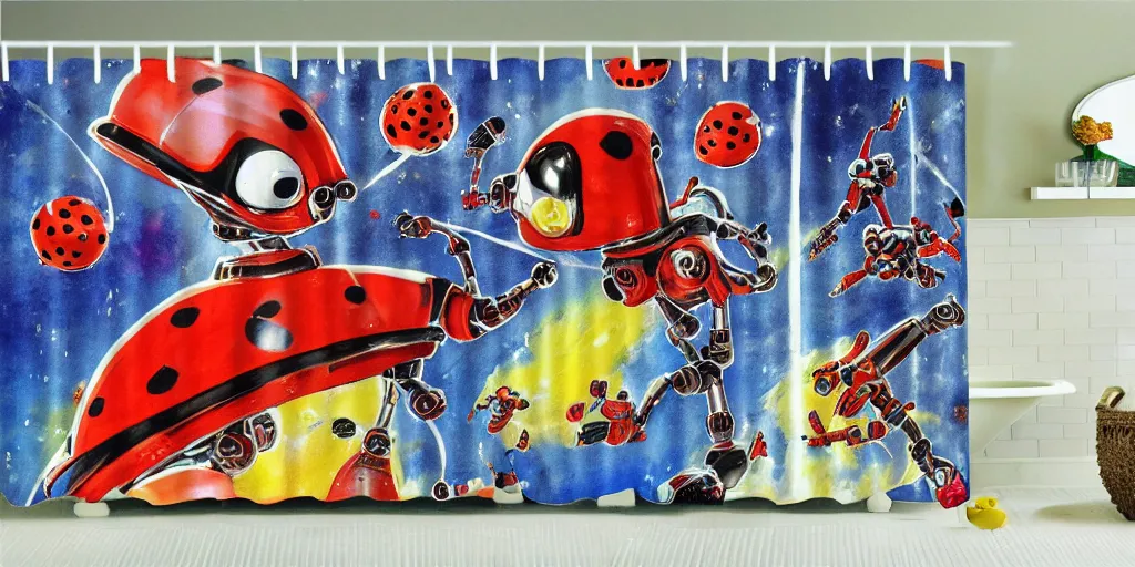 Prompt: shower curtain product catalog. wide - angle photo. on the curtain is a low - angle hero - shot watercolor of a ladybug robot. the robot has an epic fight with darth vader, on a sunny day. the water color has ink under drawing. wide - angle product photography of a shower curtain, product lighting. 4 k, highly detailed. saturated.