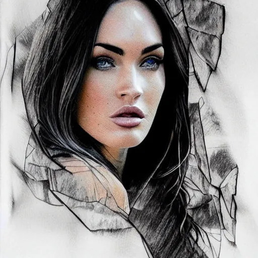 Prompt: tattoo design sketch with double exposure effect, megan fox face faded against beautiful mountain scenery, in the style of matteo pasqualin, amazing detail, mash up