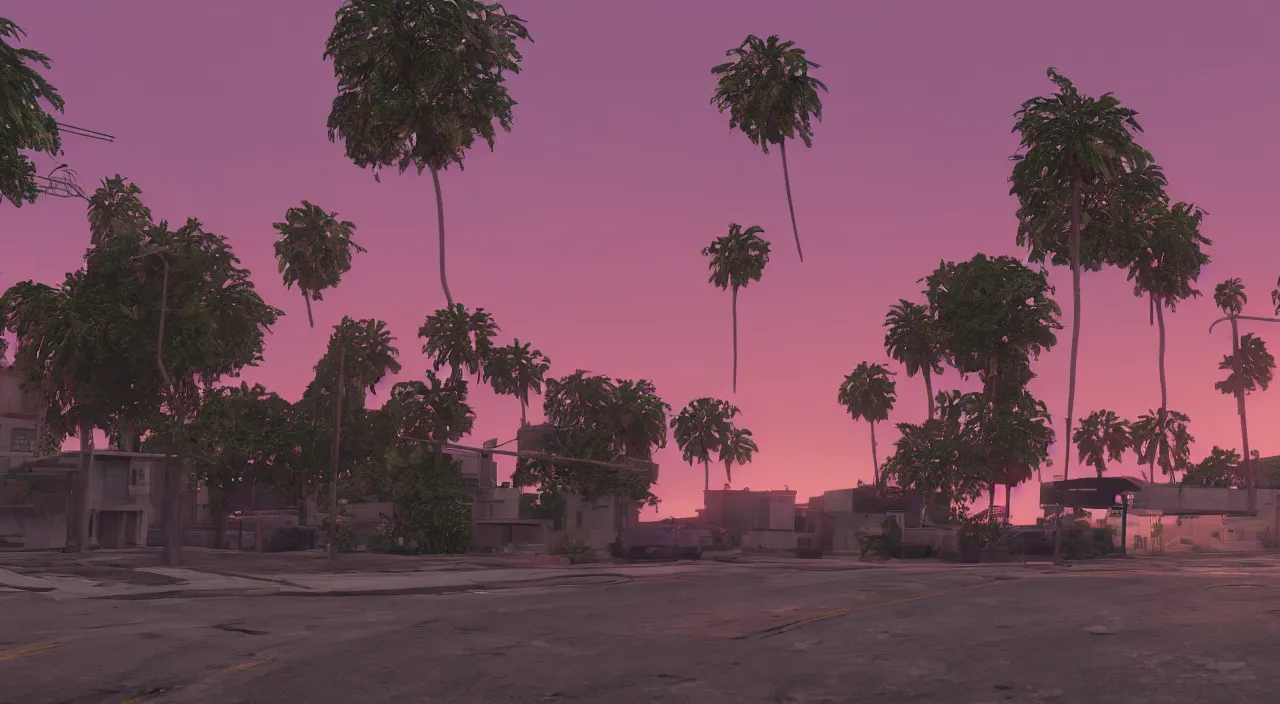 Image similar to gta san andreas evening, pink sky, photorealistic, hyper detailed, hyper realistic, houdini, vfx, unreal engine 5, octane render, 8 k