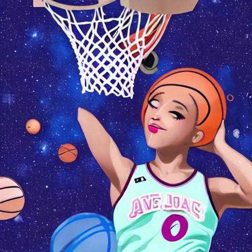 Prompt: Doja Cat dunking basketball in outer space