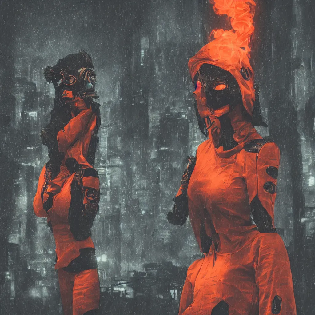 Image similar to portrait of beautiful guard hiding her chest with her arms, dystopian cyberpunk orange smoke detailed