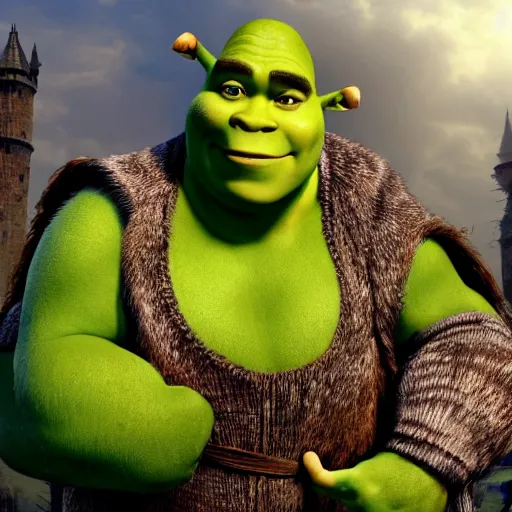 Image similar to shrek, but thin, well muscled and handsome