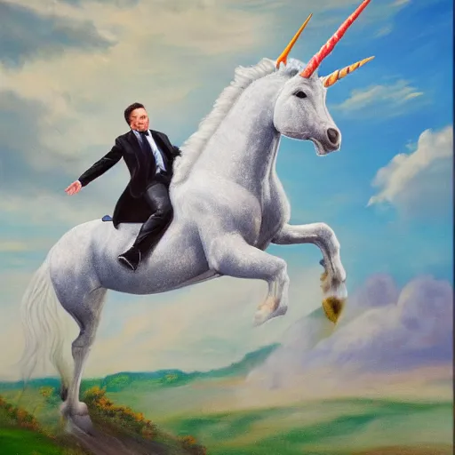 Prompt: elon musk riding a unicorn with the tesla logo realistic oil on canvas