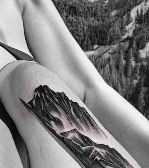 Prompt: hyper realistic tattoo design of a very beautiful woman against a background of beautiful mountains and nature, in the style of den yakovlev, amazing detail, black and white