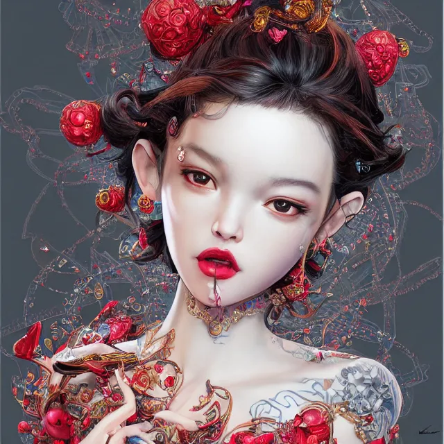 Image similar to studio portrait of absurdly beautiful, elegant, young hypercolorful gravure idol made of rubies and red gems, ultrafine hyperrealistic detailed face illustration by kim jung gi, irakli nadar, intricate linework, sharp focus, bright colors, matte, octopath traveler, final fantasy, unreal engine highly rendered, global illumination, radiant light, intricate environment